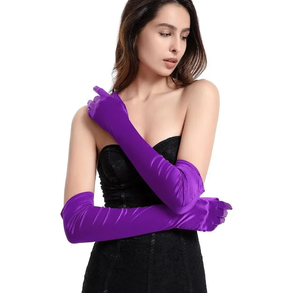 Women's Evening Purple Long Satin Gloves Elbow Length Formal Party Prom Wear